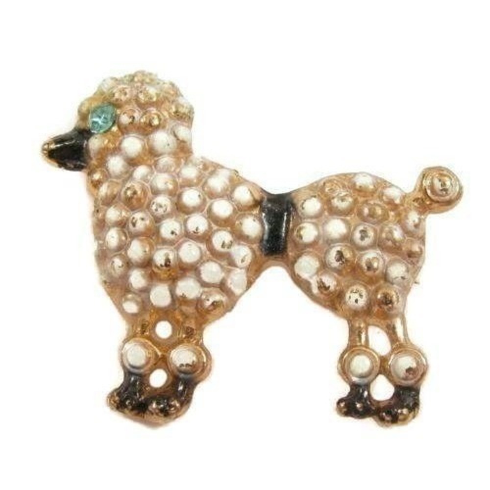 Vintage Poodle‎ Dog Brooch Gold Tone White Enamel Blue Rhinestone Eye Pin 1.25"